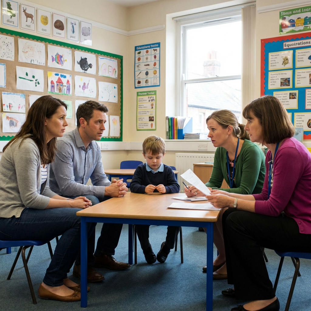 Parents and teachers sitting around a table with a young boy in a primary classroom.