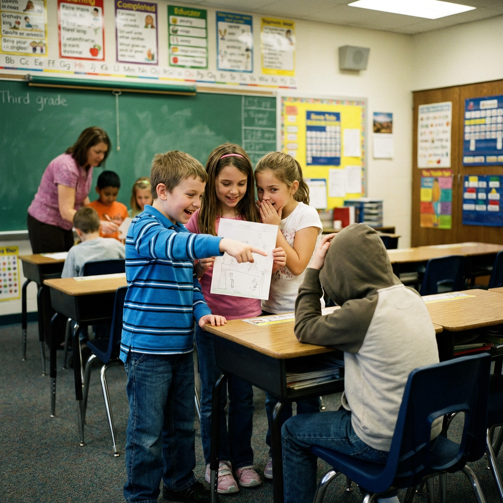 Children laugh and point at a student sitting alone with their head down.