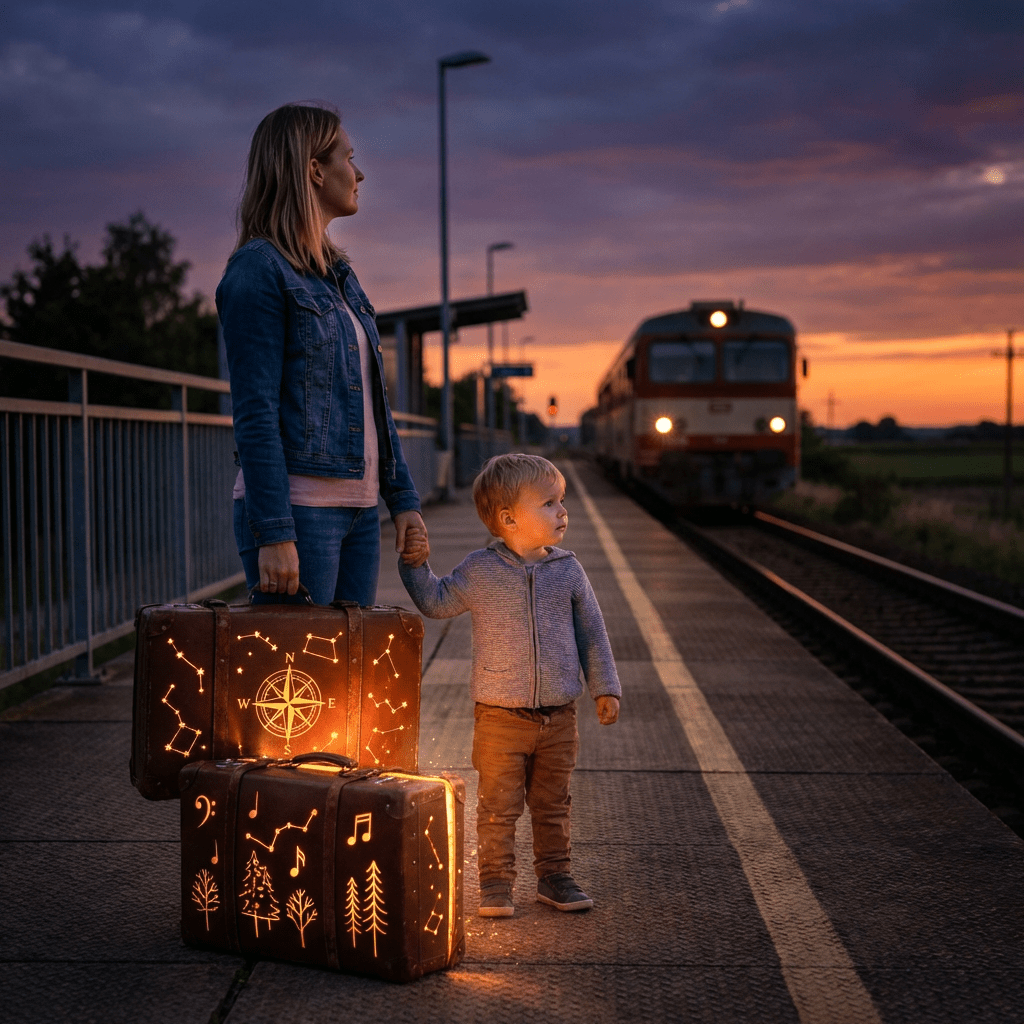 A woman and child with glowing, celestial-patterned suitcases wait for a train at sunset.
