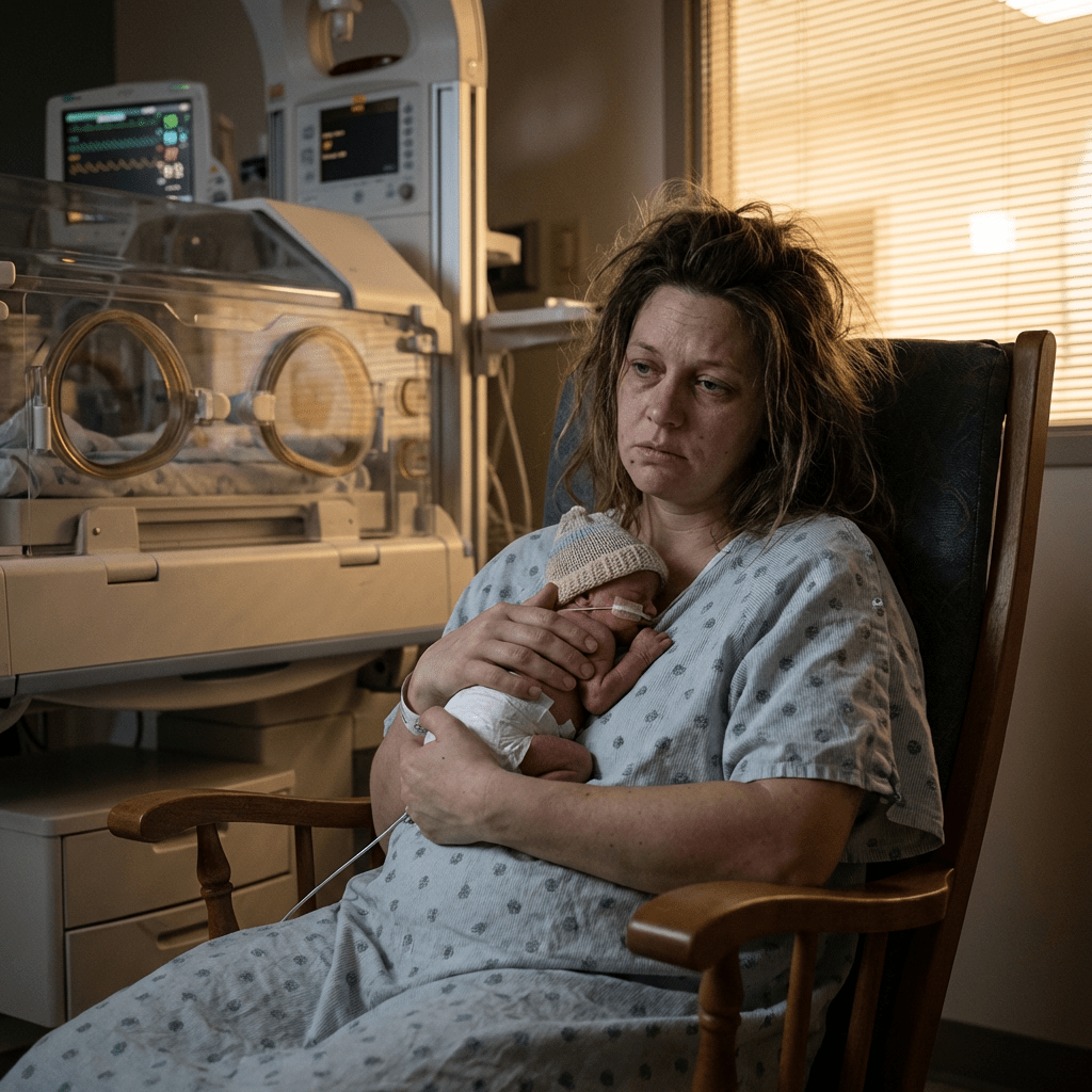 Mother in hospital gown holding newborn baby in a neonatal intensive care unit.