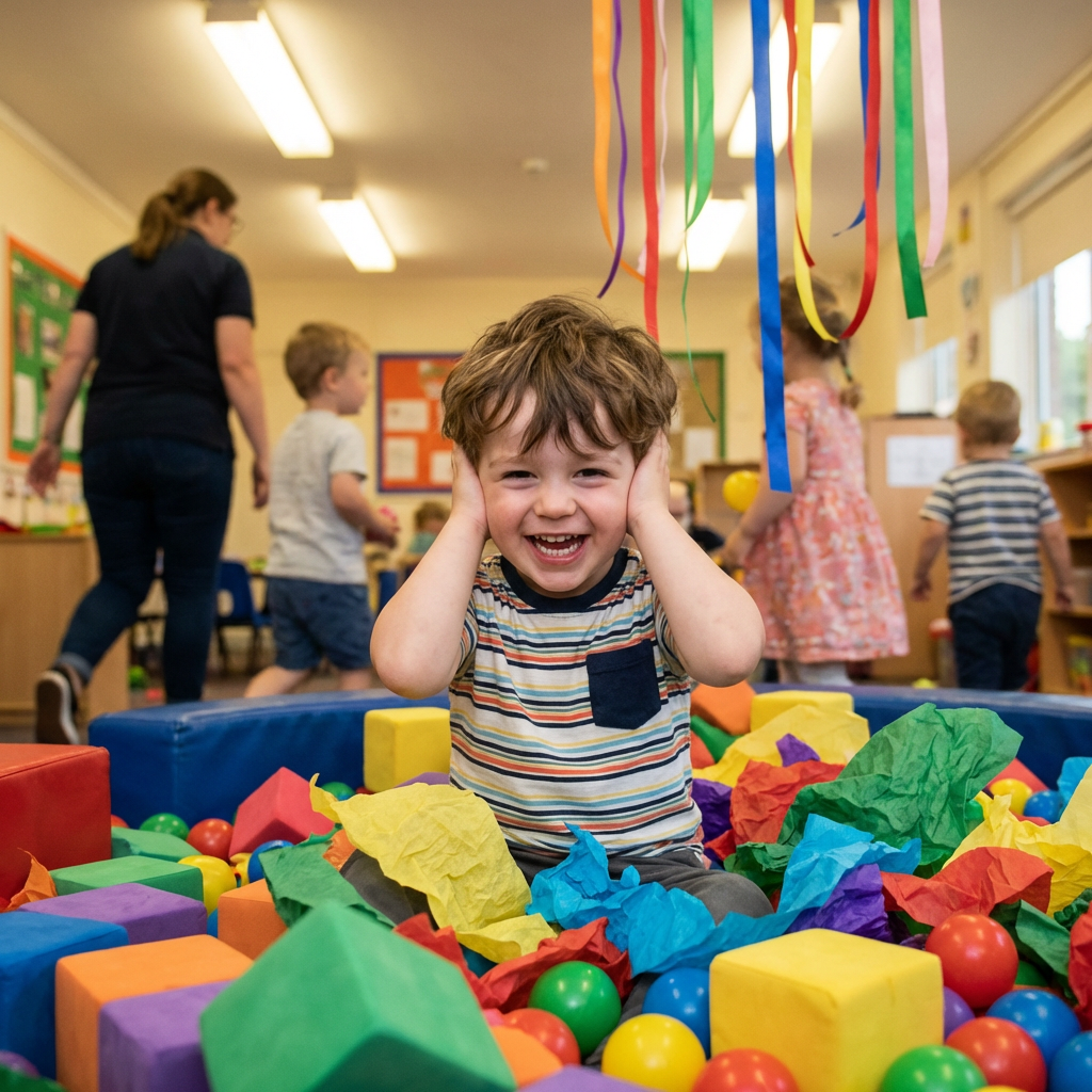 A laughing boy sits in a bin of colorful foam blocks and paper, covering his ears.
