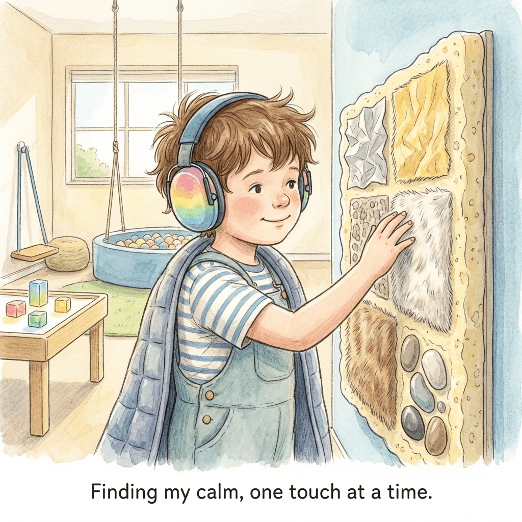 Child with headphones touches sensory wall. Text: Finding my calm, one touch at a time.