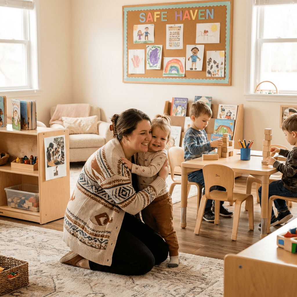 Teacher hugging a toddler in a bright classroom with children playing in the background.