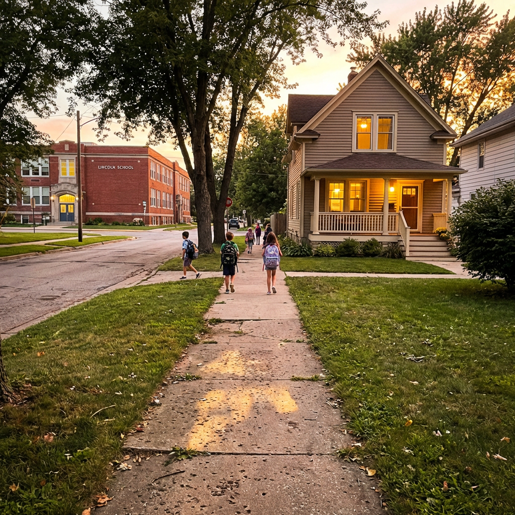 Children with backpacks walking on sidewalk toward school building at sunset
