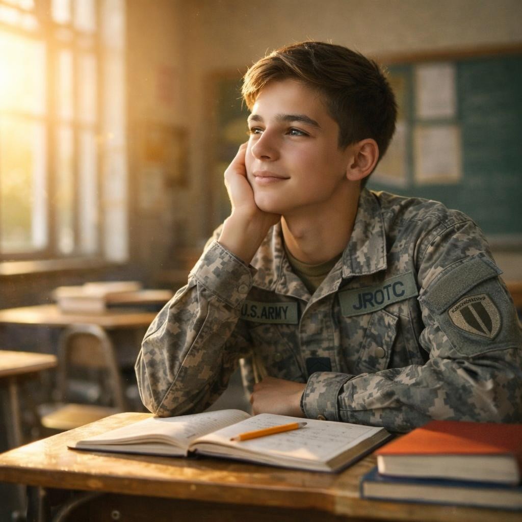 Student sitting at desk looking out window, resting head on hand, with open notebook and books nearby