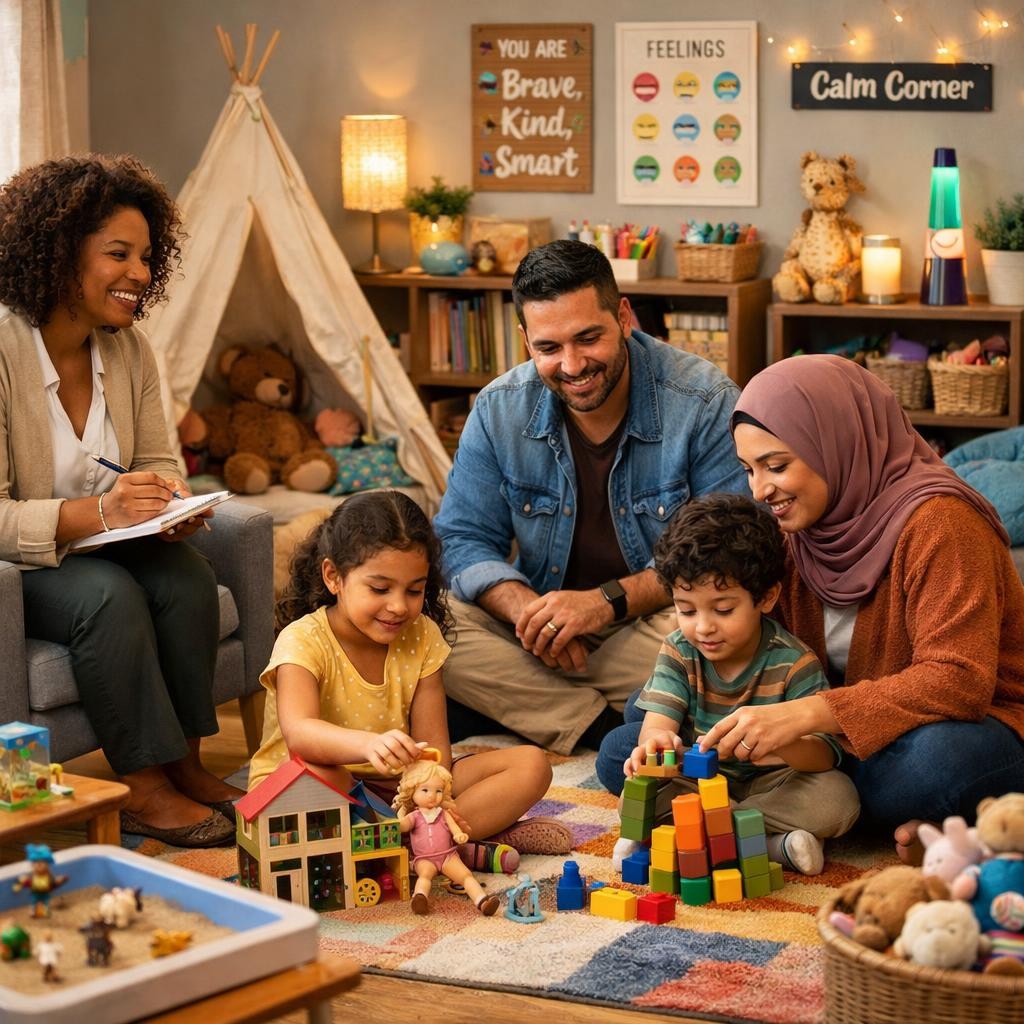 Family playing with toys during a therapy session with a counselor taking notes