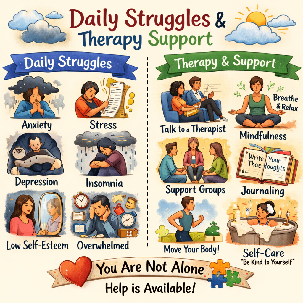 Daily struggles like anxiety, stress, depression, insomnia, low self-esteem, overwhelmed and therapy supports like talking to a therapist, mindfulness, support groups, journaling, exercise, and self-care