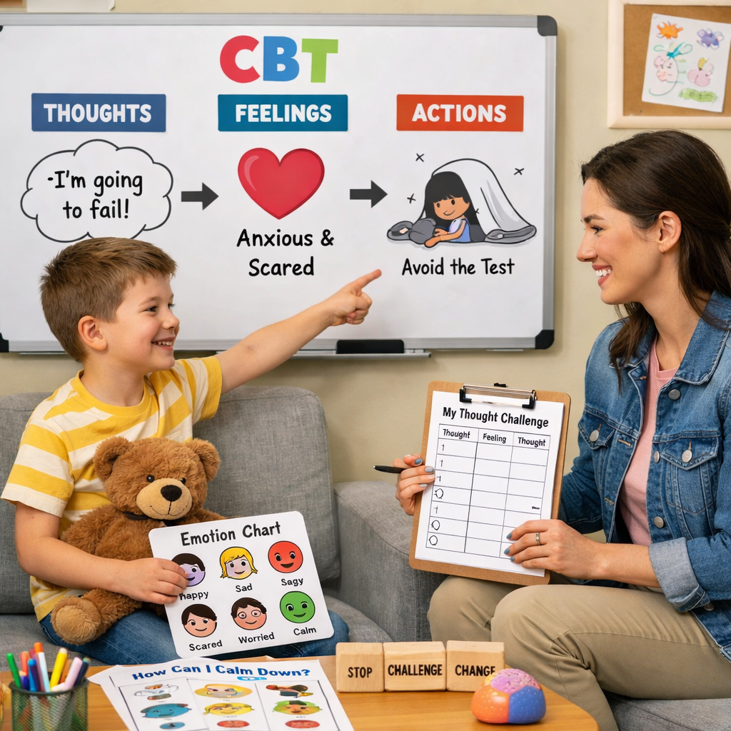 Child and therapist discussing CBT concepts with emotion chart and thought challenge