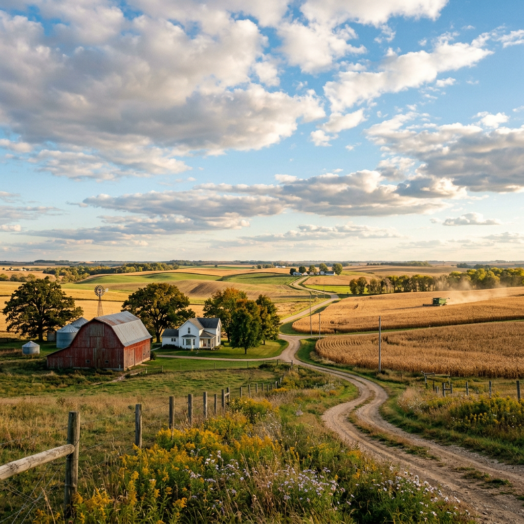 Countryside farm with red barn, farmhouse, dirt road, and expansive golden fields