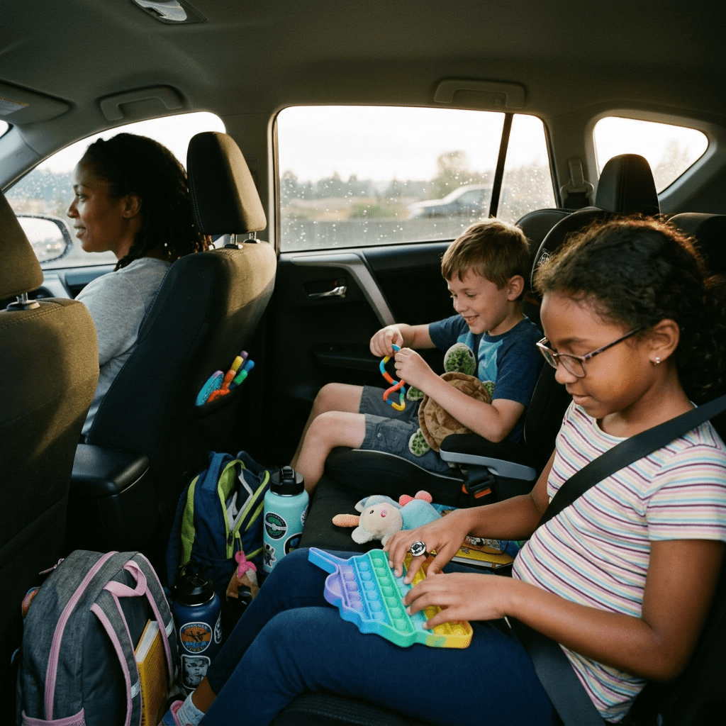Two children playing with toys in the backseat of a car while an adult driver is in front